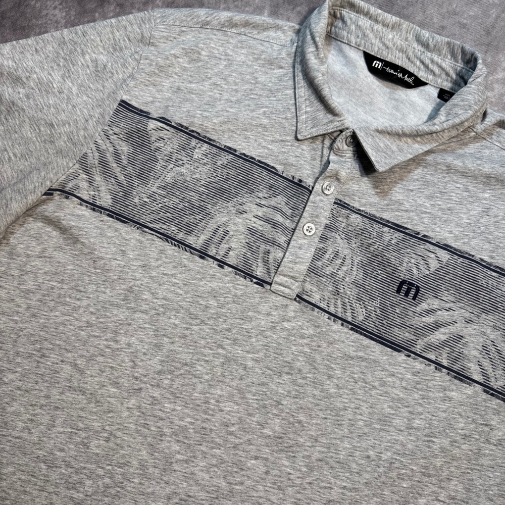 TravisMathew Mens XXL Gray Tropical Chest Stripe Short Sleeve Golf Polo Shirt